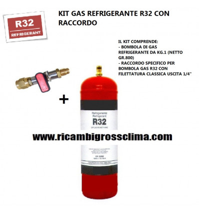 R32 REFRIGERANT GAS KIT 1 KG CYLINDER - NET GR.800 WITH 1/4 FITTING